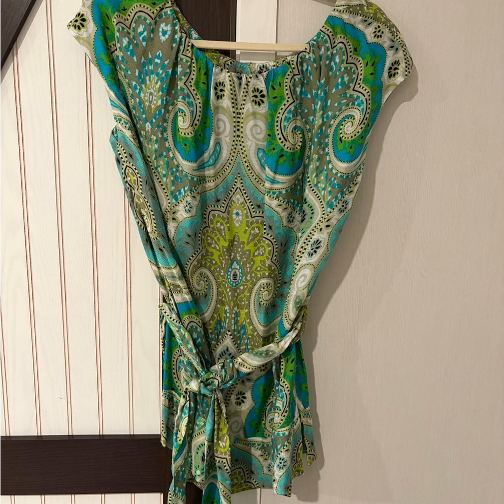 Etcetera Paisley Tie Front Side Zip Blouse Silk Blend Cap Sleeve Green Blue 12